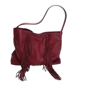 Elaine Turner Red Leather Fringe Shoulder Bag Boho Tote Gold Bamboo Hardware